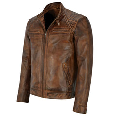 Unwind Leather Men Distressed Brown Cafe Racer Leather Jacket on a white background