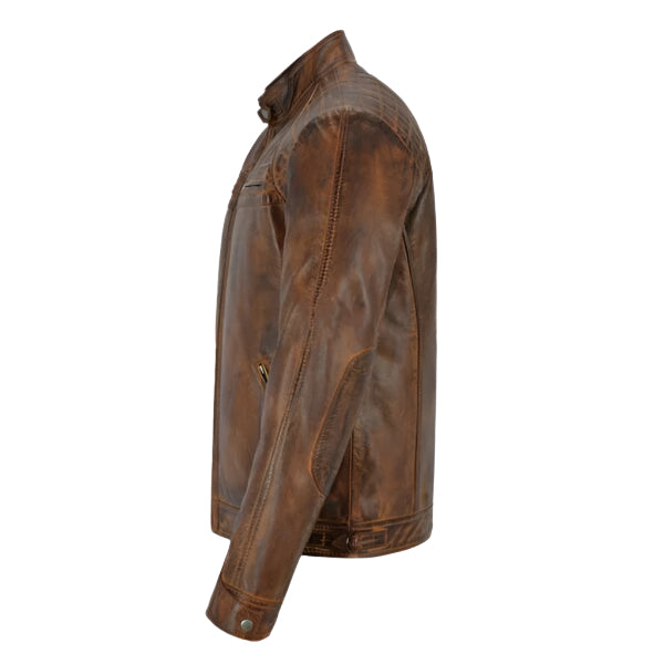 Uniwnd Leather Men Distressed Brown Cafe Racer Leather Jacket on a white background