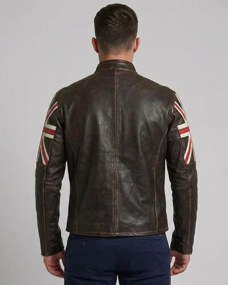 Men Distressed Brown Cafe Racer Leather Jacket With British Flag