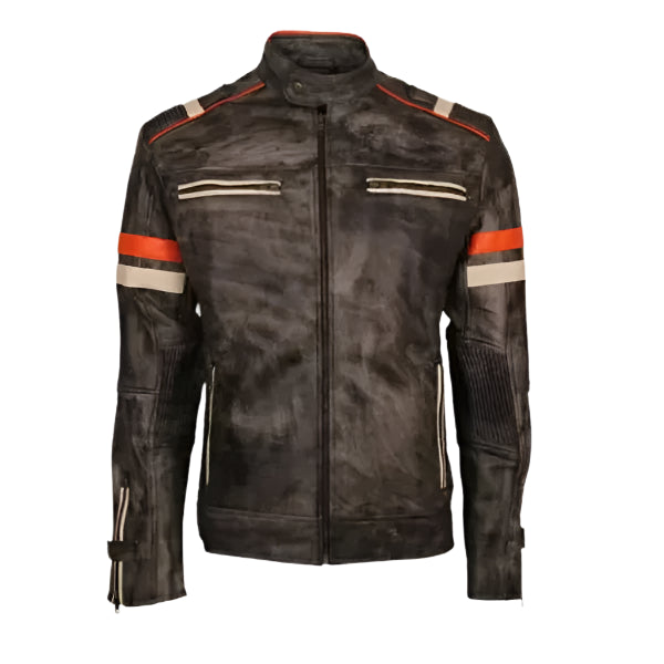 Men Distressed Grey Cafe Racer Leather Jacket With Stripes