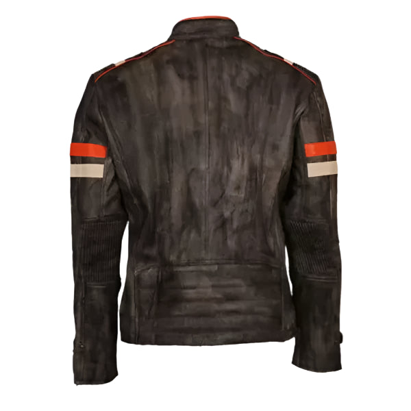 Men Distressed Grey Cafe Racer Leather Jacket With Stripes on a white background