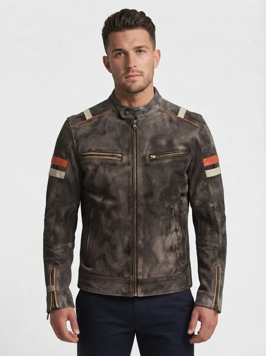 Men Distressed brown Cafe Racer Leather Jacket