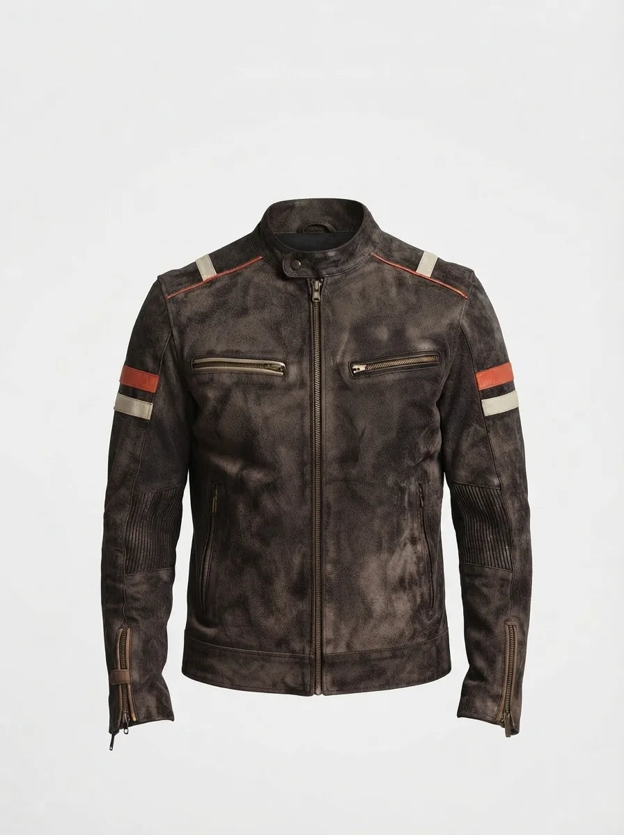 Men Distressed brown Cafe Racer Leather Jacket