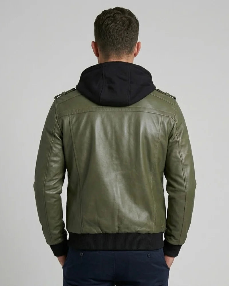 Men Green Leather Bomber Jacket with Removable Hood