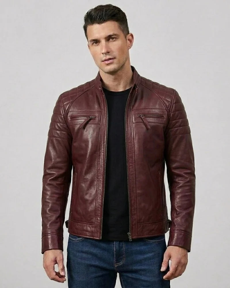 Men Maroon Quilted Biker Style Leather Jacket
