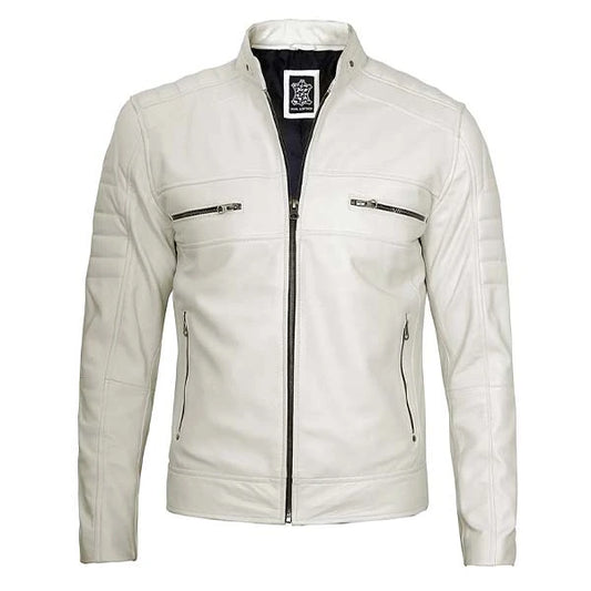  Unwind Leather Men Off White Padded Motorcycle Leather Jacket on a white background