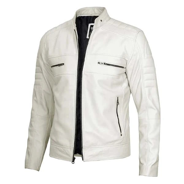  Unwind Leather Men Off White Padded Motorcycle Leather Jacket on a white background