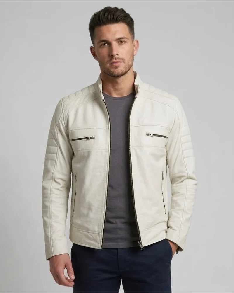 Men Off White Padded Motorcycle Leather Jacket