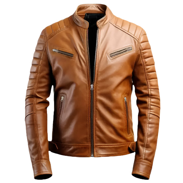 Unwind Leather Men Padded Cafe Racer Brown Leather Jacket on a white background
