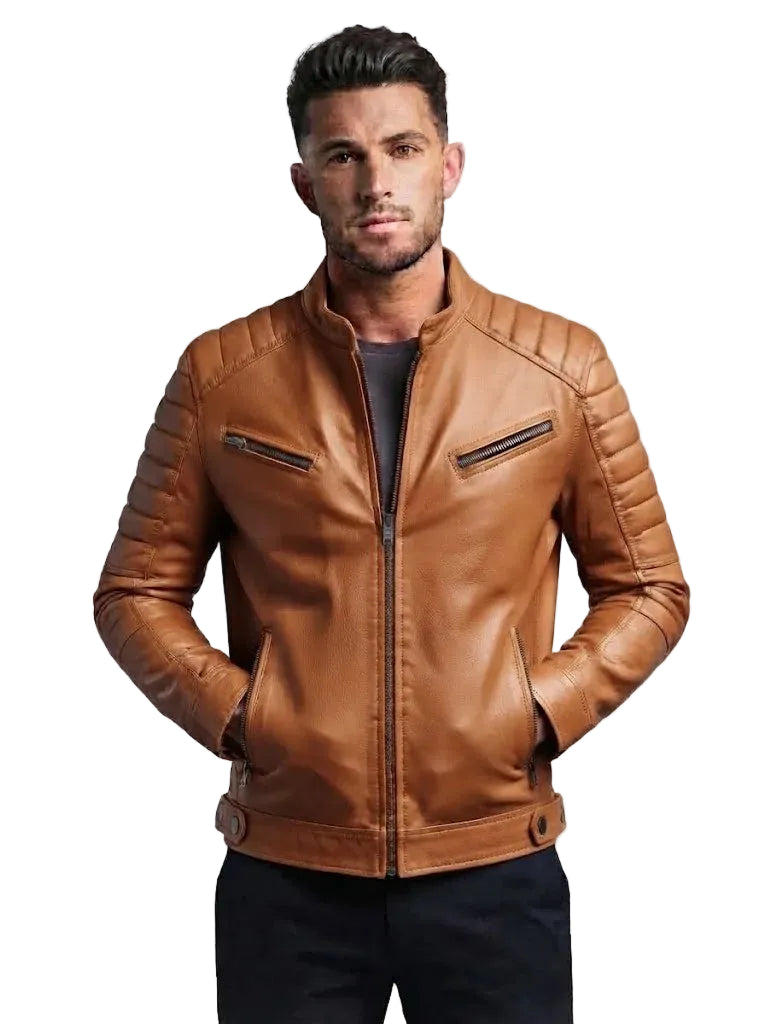 Men Padded Cafe Racer Brown Leather Jacket