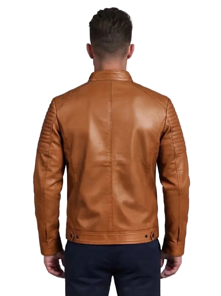 Men Padded Cafe Racer Brown Leather Jacket