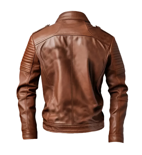 Unwind Leather Men Padded Dark Brown Leather Cafe Racer Jacket on a white background