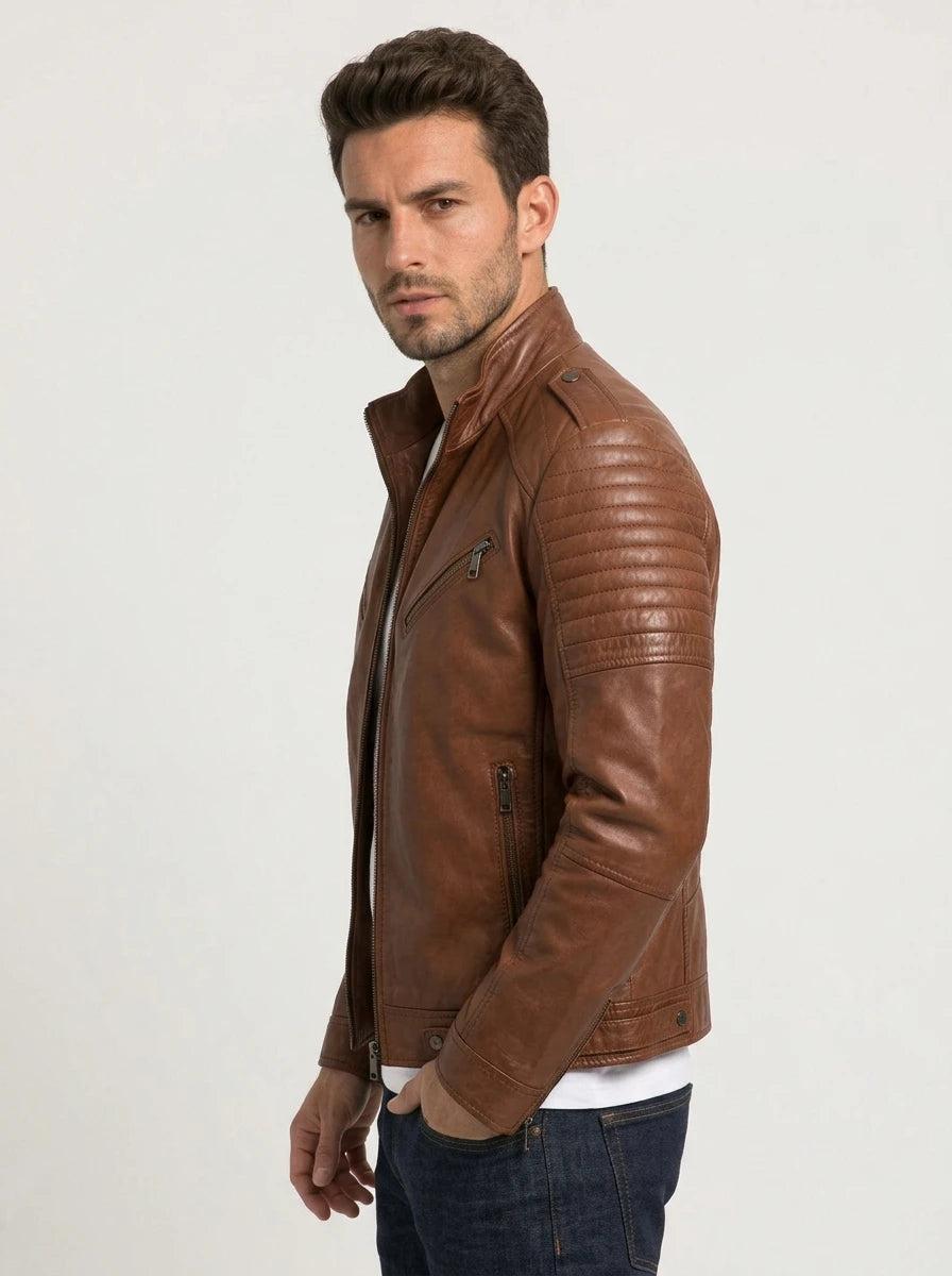 Men Padded Dark Brown Leather Cafe Racer Jacket