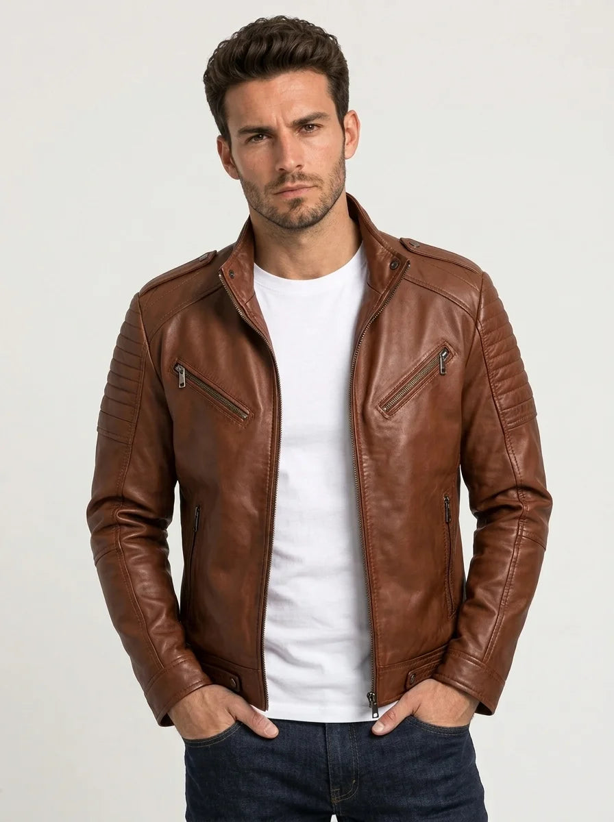 Avric - Men Padded Dark Brown Leather Cafe Racer Jacket