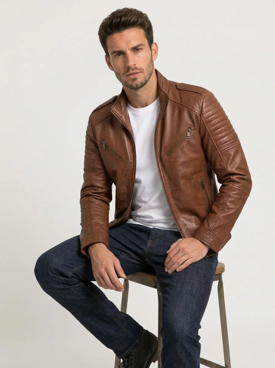 Men Padded Dark Brown Leather Cafe Racer Jacket