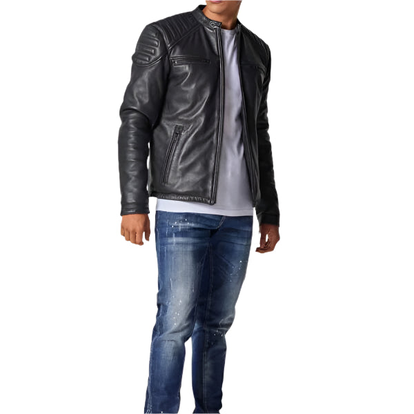Unwind Leather Men Real Leather Motorcycle Jacket in Quilted Design on a white background