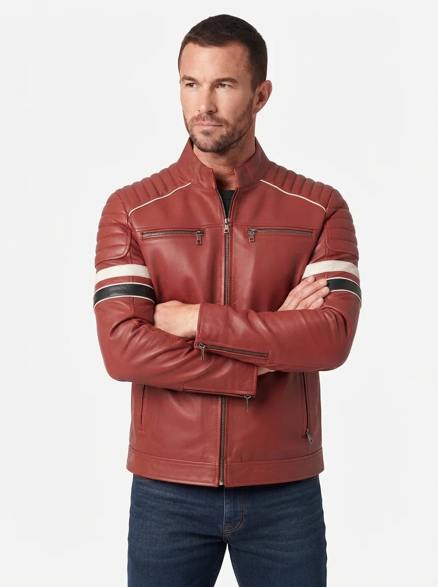 Men Red Cafe Racer Leather Jacket With Stripes
