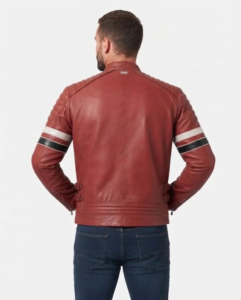 Men Red Cafe Racer Leather Jacket With Stripes