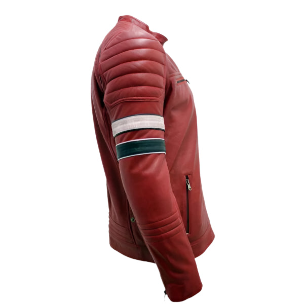 Unwind Leather Men Red Cafe Racer Leather Jacket With Stripes on a white background