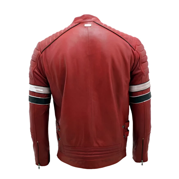 Men Red Cafe Racer Leather Jacket With Stripes