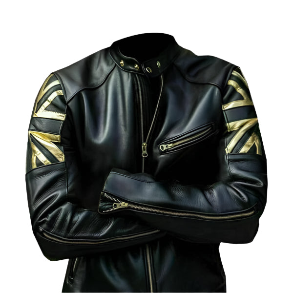 Unwind Leather Men Vintage Black Cafe Racer Leather Jacket With British Flag on a white background