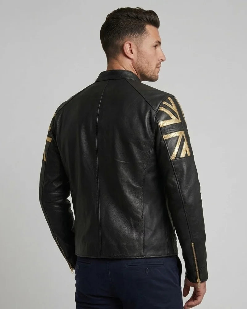 
Men Vintage Black Cafe Racer Leather Jacket With British Flag