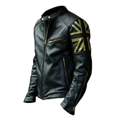 Unwind Leather Men Vintage Black Cafe Racer Leather Jacket With British Flag on a white background