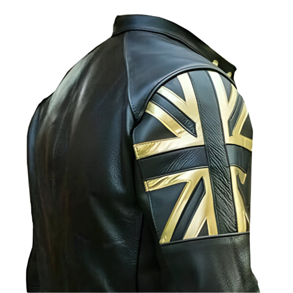 Unwind Leather Men Vintage Black Cafe Racer Leather Jacket With British Flag on a white background