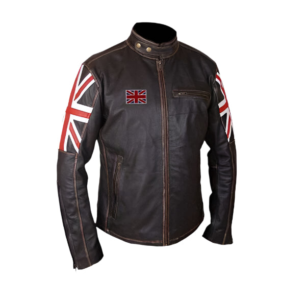Men Vintage Distressed Brown Cafe Racer Leather Jacket With British Flag