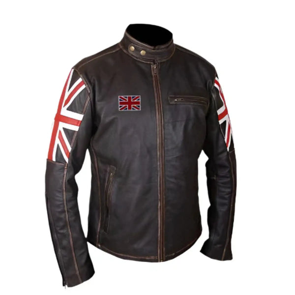 Black leather jacket with Union Jack design on sleeves and chest on a white background