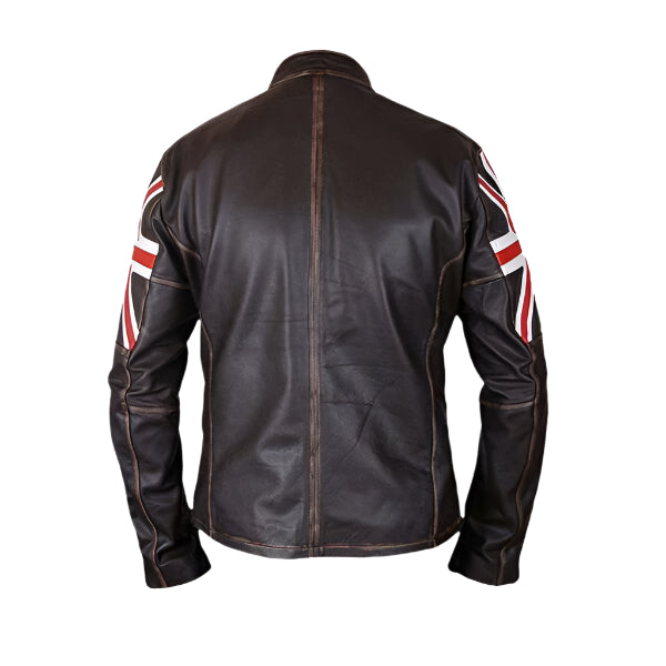 Men Vintage Distressed Brown Cafe Racer Leather Jacket With British Flag