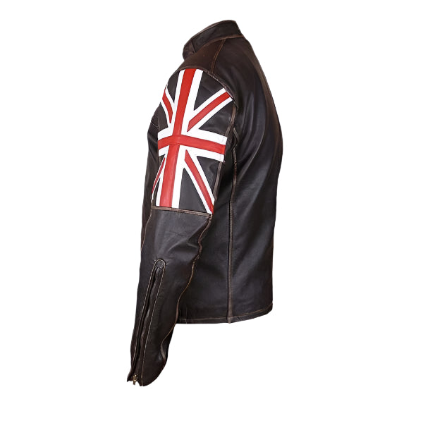 Men Vintage Distressed Brown Cafe Racer Leather Jacket With British Flag