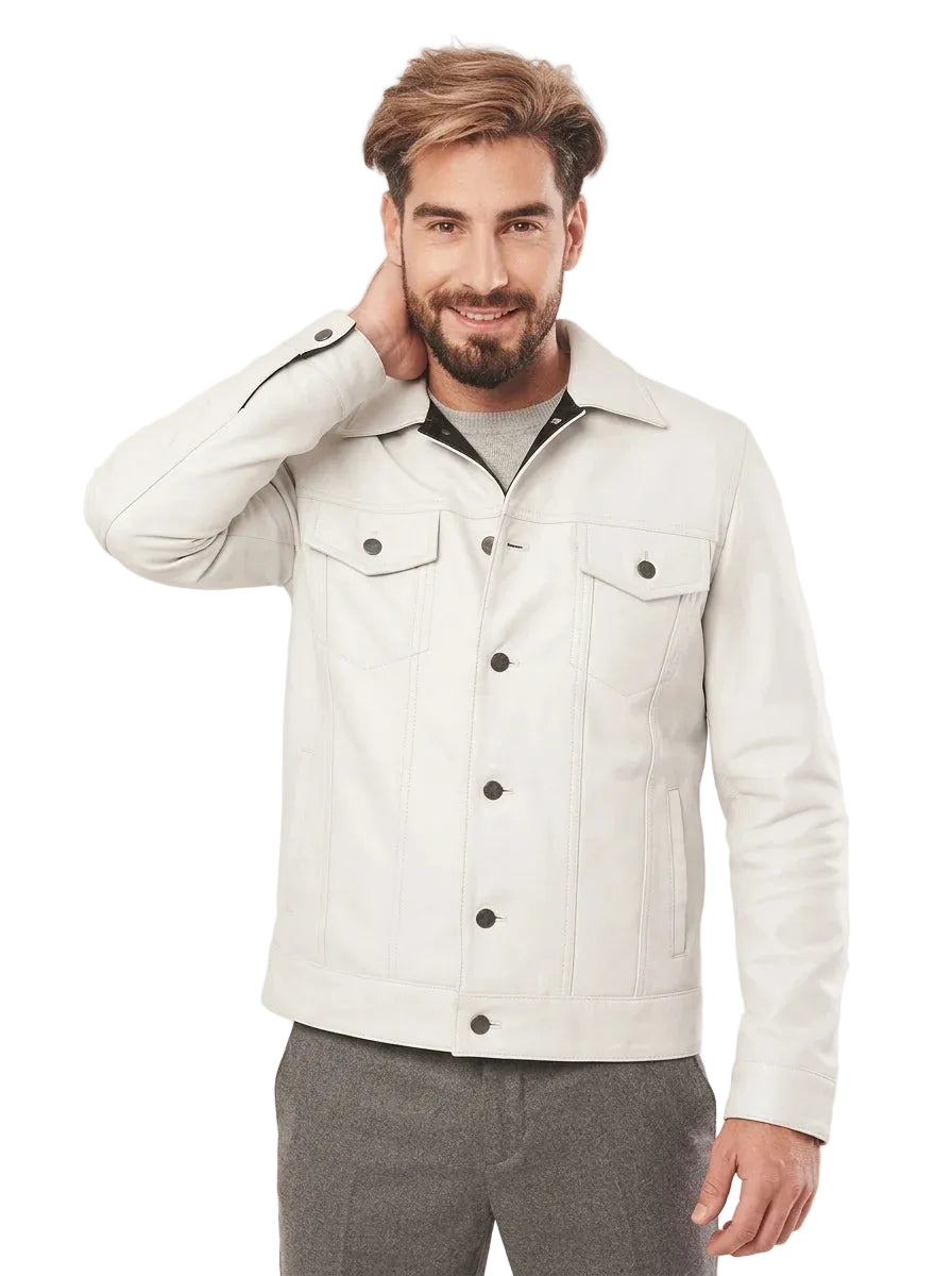 Men White Cafe Racer Style Trucker Leather Jacket