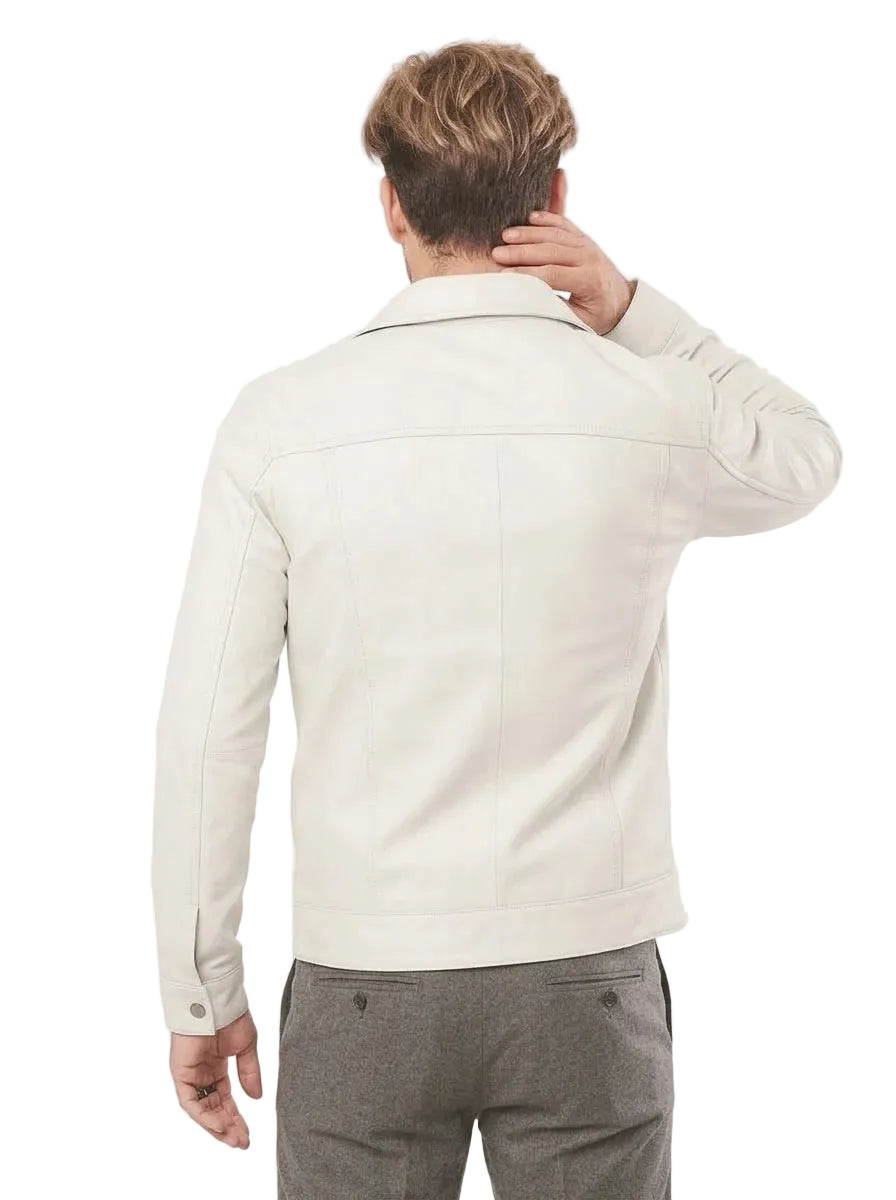 Men White Cafe Racer Style Trucker Leather Jacket