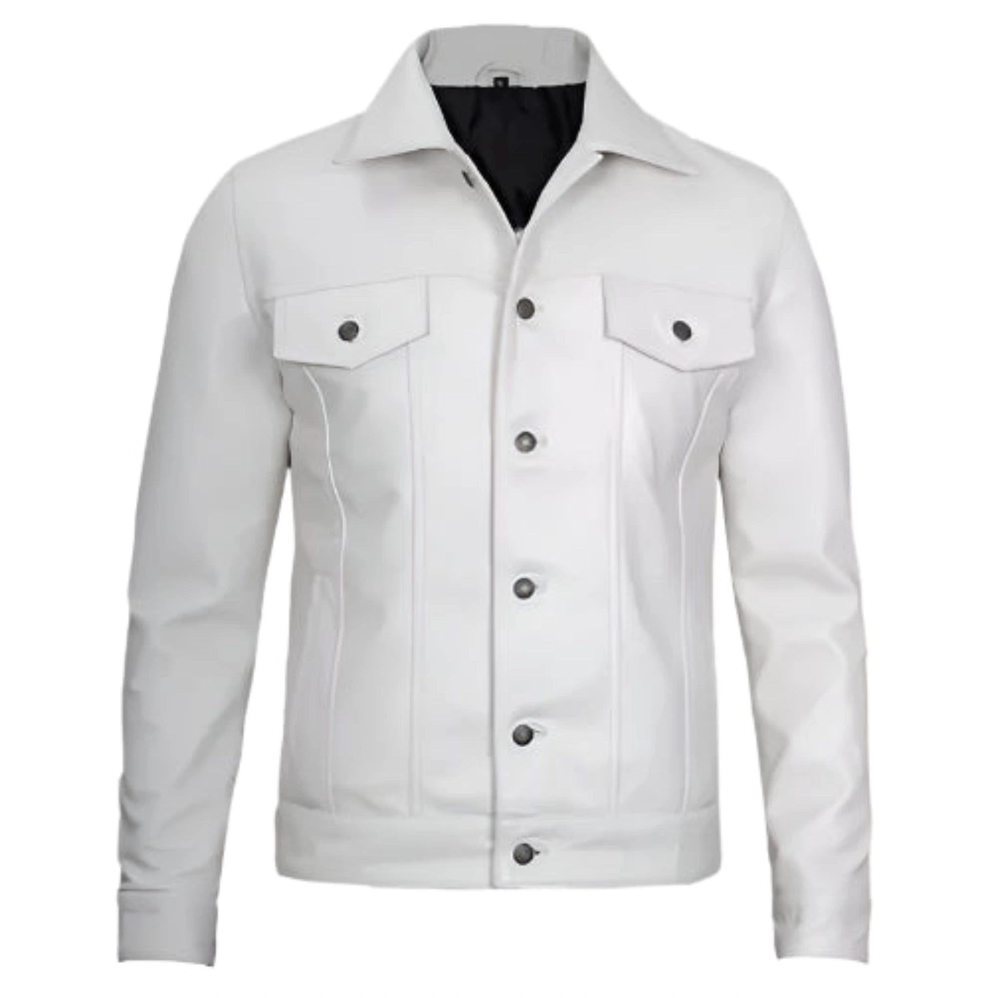 Men White Cafe Racer Style Trucker Leather Jacket