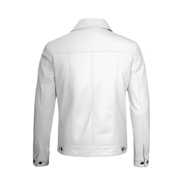 Men White Cafe Racer Style Trucker Leather Jacket