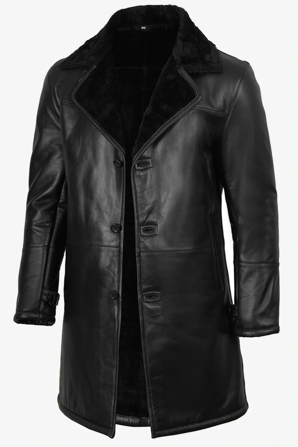 Men's 3/4 Length Black Sheepskin Leather Shearling Coat