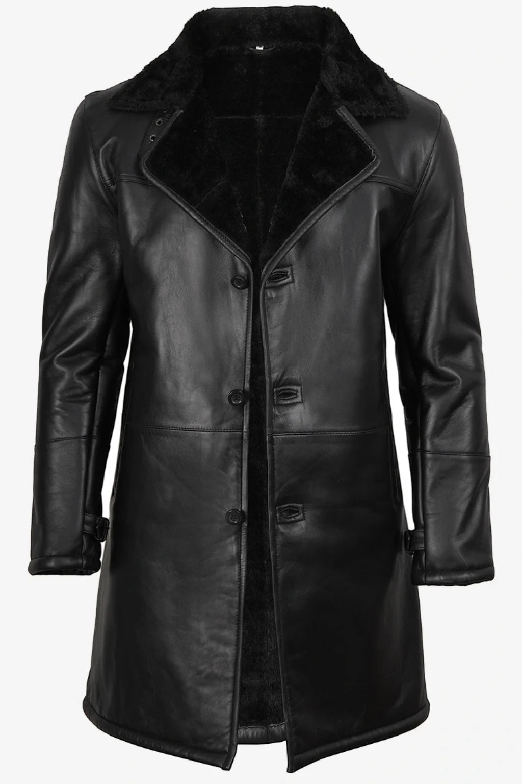 Men's 3/4 Length Black Sheepskin Leather Shearling Coat