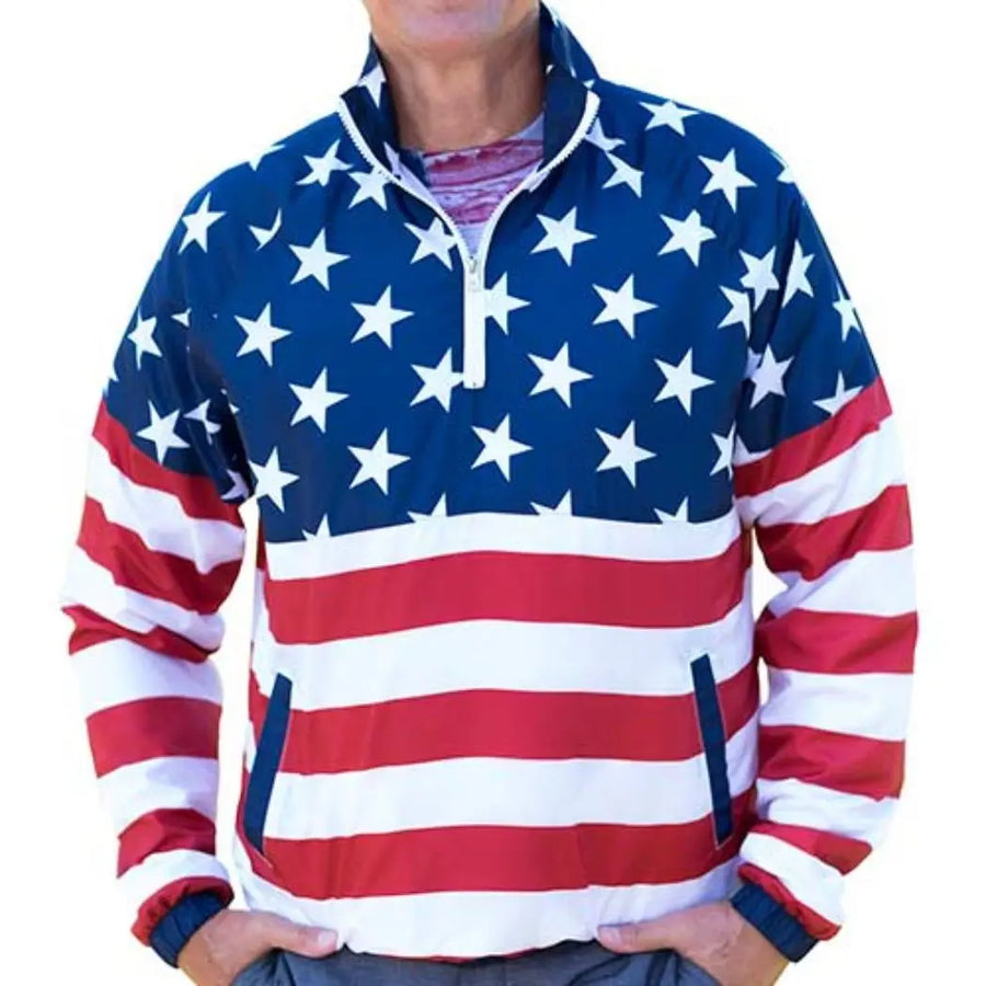 Men's American Flag 1/4 Zip Windbreaker Pullover Jacket