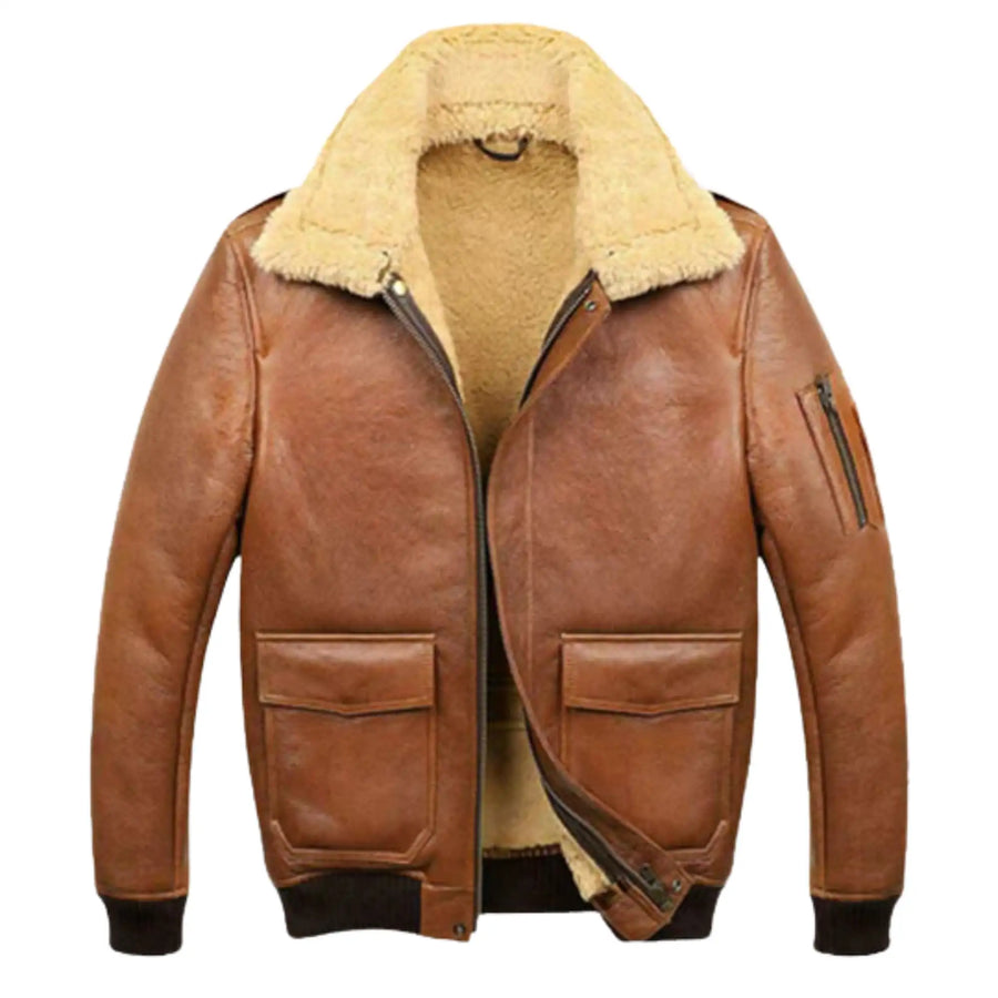 Men’s Aviator Camel Brown B2 Fur Shearling Leather Jacket