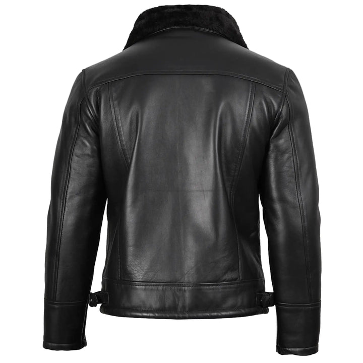 Black leather jacket with fur collar on a white background