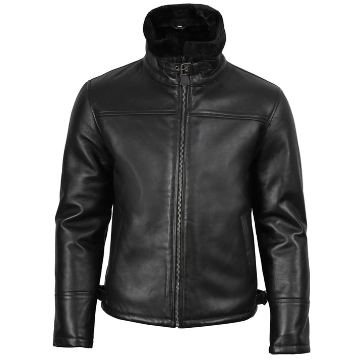 Black leather jacket with fur collar on a white background