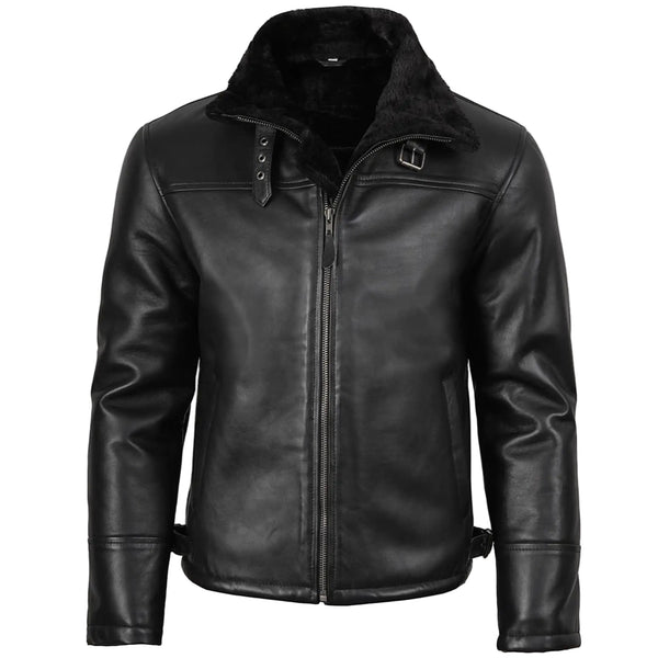 Black leather jacket with fur lining on a white background