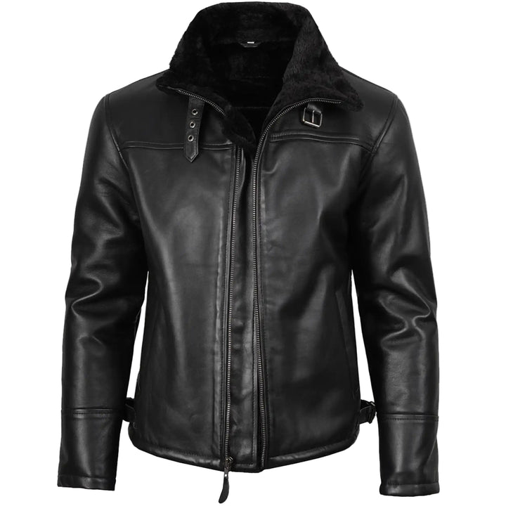 Black leather jacket on a white background
