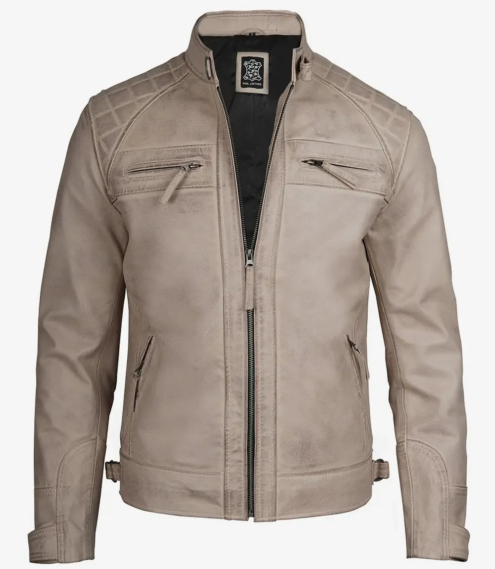 Men's Beige Real Leather Biker Style Jacket