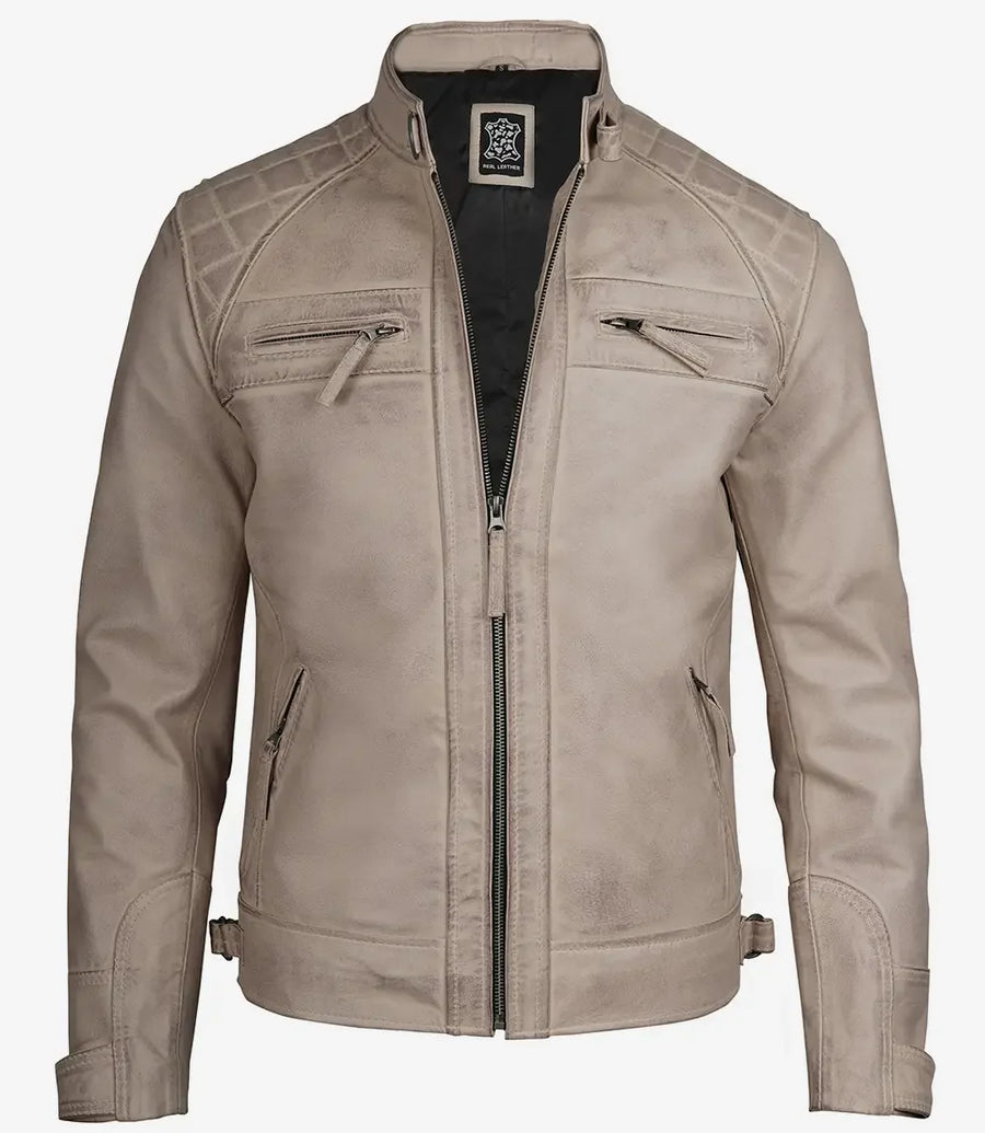 Men's Beige Real Leather Biker Style Jacket