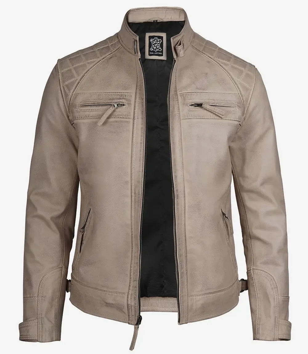 Men's Beige Real Leather Biker Style Jacket