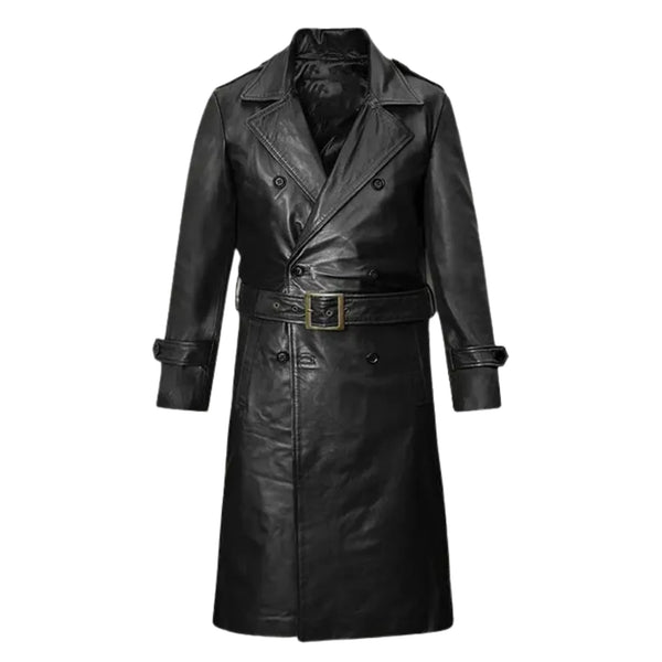 Men's Belted Black Leather Long Trench Coat