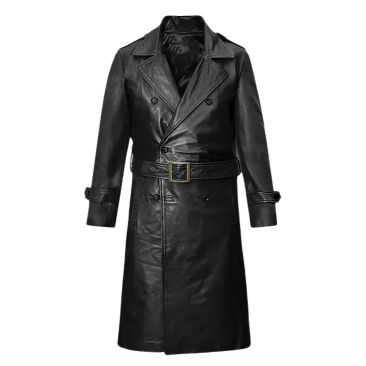 Men's Belted Black Leather Long Trench Coat