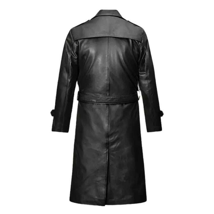 Men's Belted Black Leather Long Trench Coat